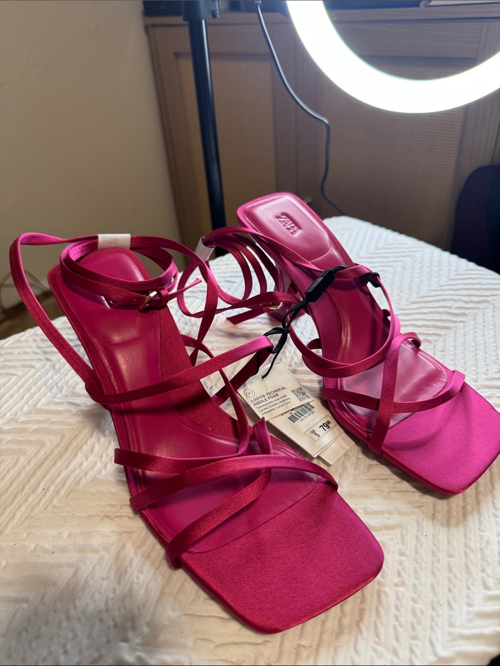 Zara Hot Pink Satin Strappy Heeled Sandals